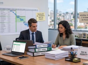 Gestores públicos organizando relatórios e cronogramas de transição de governo municipal em um escritório.