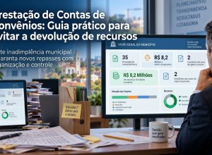 Gestor público municipal analisando relatórios de prestação de contas e documentos de convênios em um computador.
